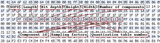 JPG SOF header information - FF C0 00 11 08 00 C8 00 C8 03 01 11 00 02 11 01 03 11 01